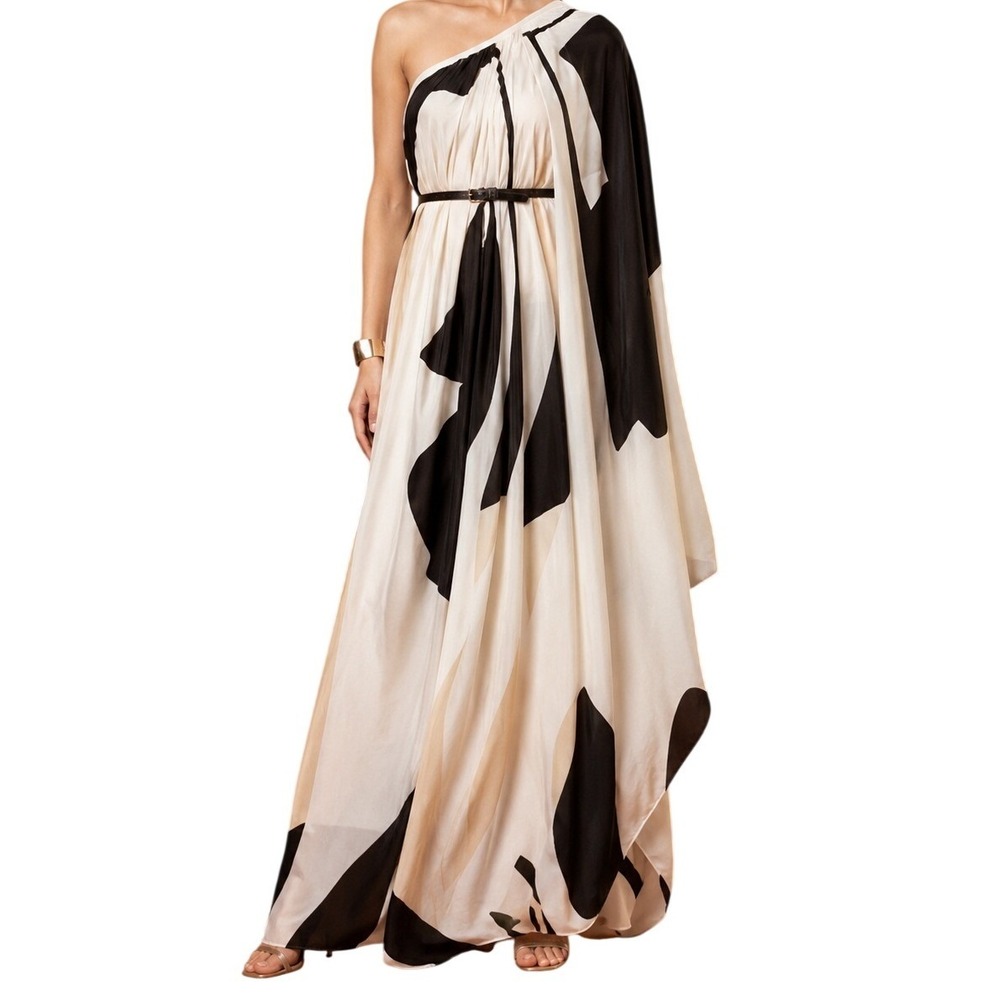 Vedika M Geometric Printed Asymmetric Draped Dress Womens Black Ivory